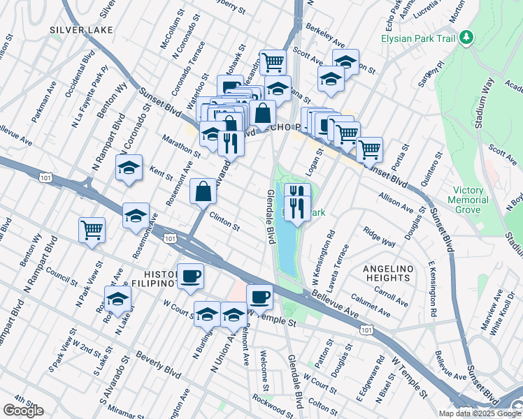 map of restaurants, bars, coffee shops, grocery stores, and more near 1747 Kent Street in Los Angeles