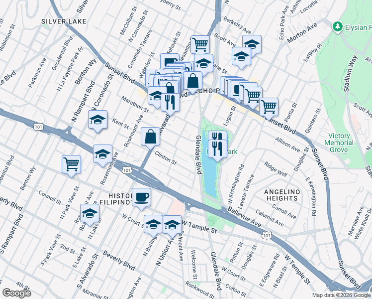 map of restaurants, bars, coffee shops, grocery stores, and more near 1737 Kent Street in Los Angeles
