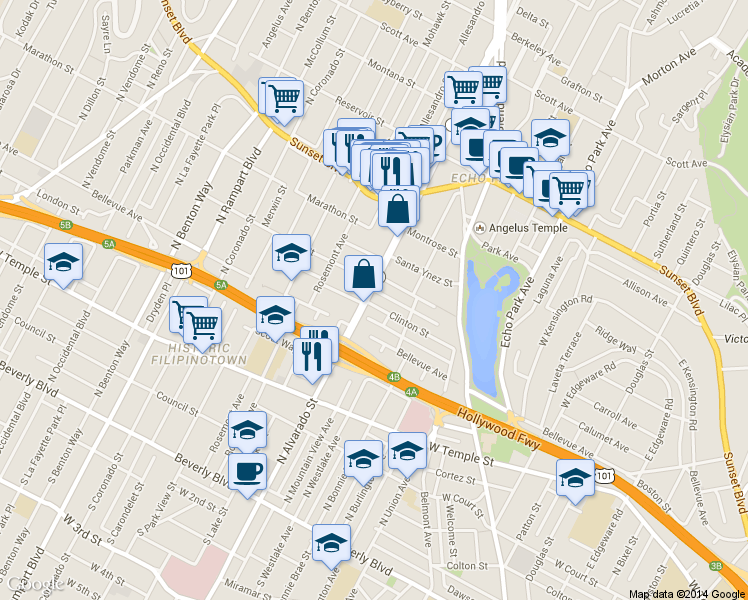 map of restaurants, bars, coffee shops, grocery stores, and more near 707 North Alvarado Street in Los Angeles