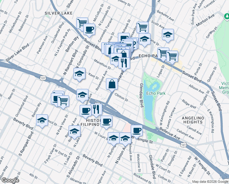 map of restaurants, bars, coffee shops, grocery stores, and more near 707 North Alvarado Street in Los Angeles