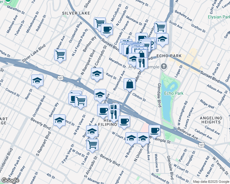 map of restaurants, bars, coffee shops, grocery stores, and more near 2146 Clinton Street in Los Angeles