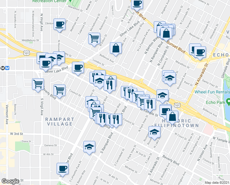 map of restaurants, bars, coffee shops, grocery stores, and more near 319 North La Fayette Park Place in Los Angeles
