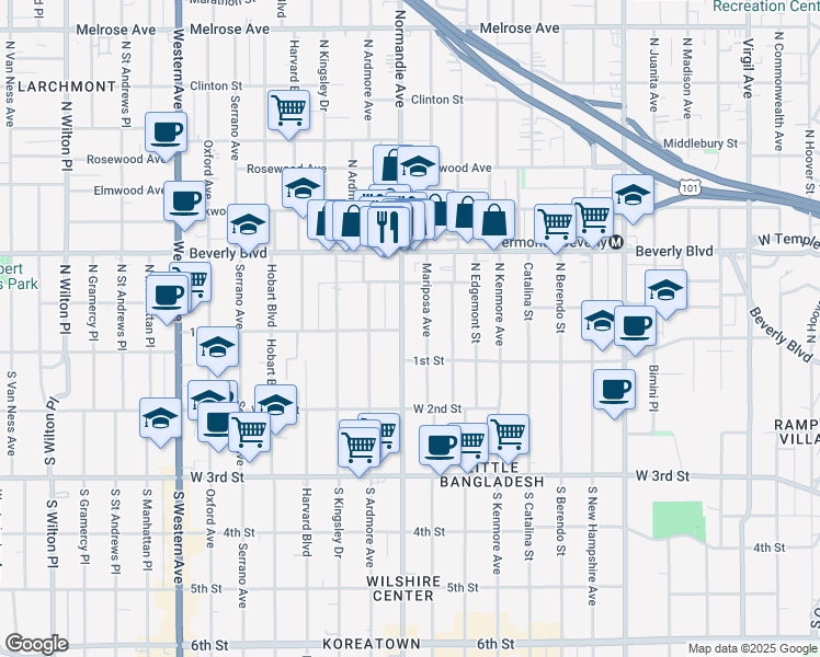 map of restaurants, bars, coffee shops, grocery stores, and more near 101 North Normandie Avenue in Los Angeles