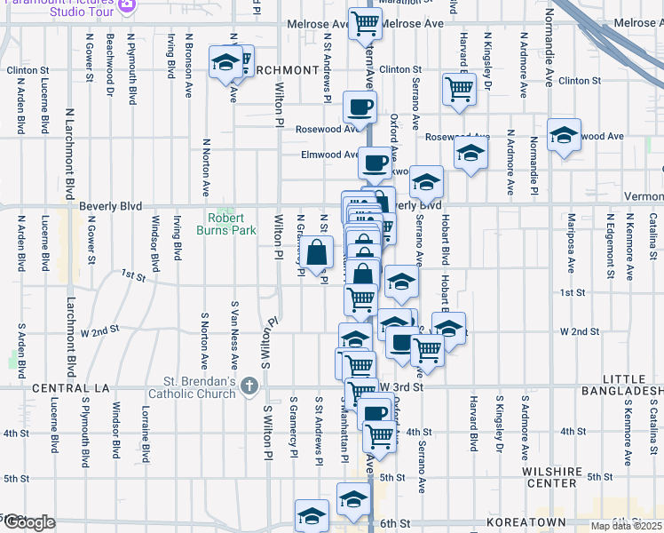 map of restaurants, bars, coffee shops, grocery stores, and more near 132 North Saint Andrews Place in Los Angeles