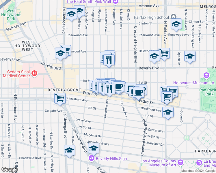 map of restaurants, bars, coffee shops, grocery stores, and more near 107 South Harper Avenue in Los Angeles