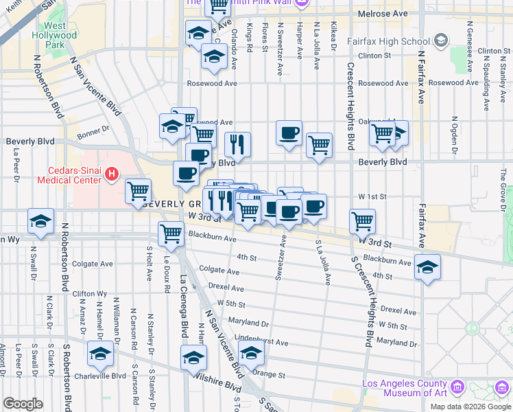 map of restaurants, bars, coffee shops, grocery stores, and more near in West Hollywood