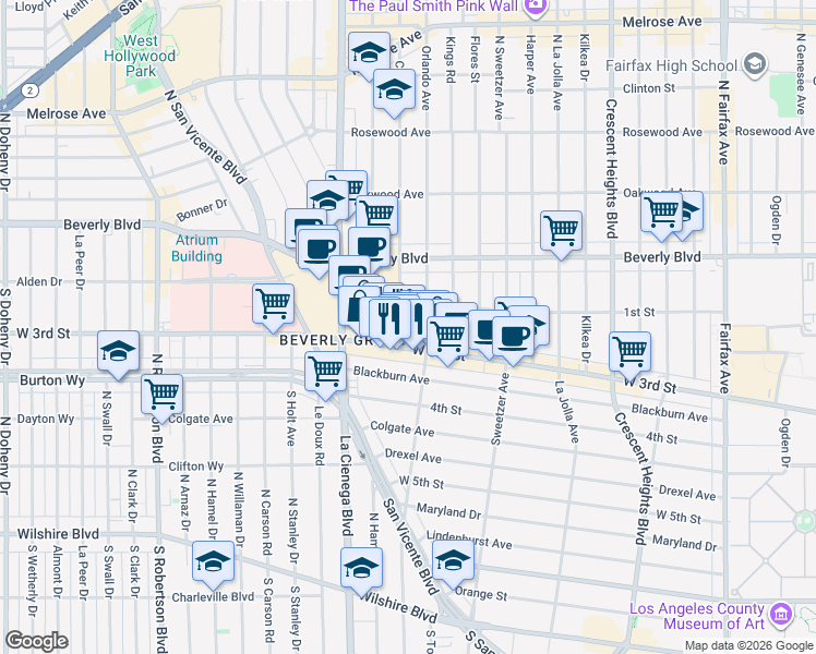 map of restaurants, bars, coffee shops, grocery stores, and more near 116 South Croft Avenue in Los Angeles
