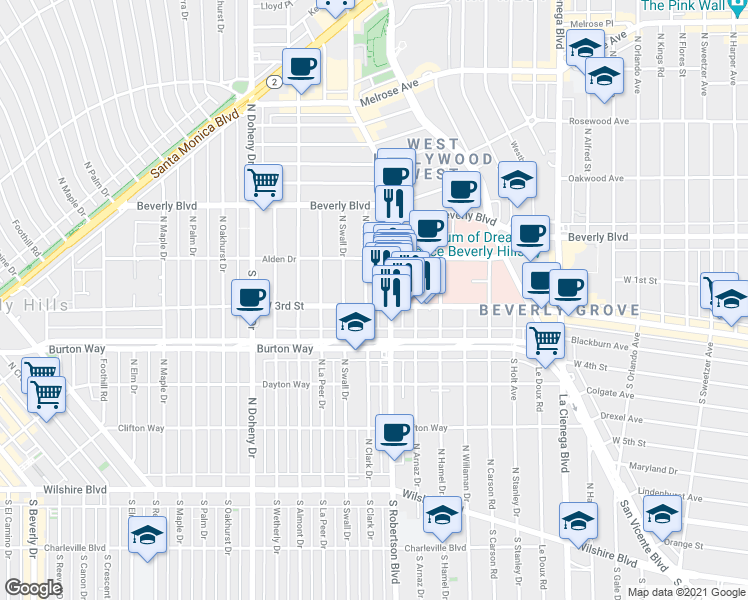 map of restaurants, bars, coffee shops, grocery stores, and more near 142 South Clark Drive in West Hollywood