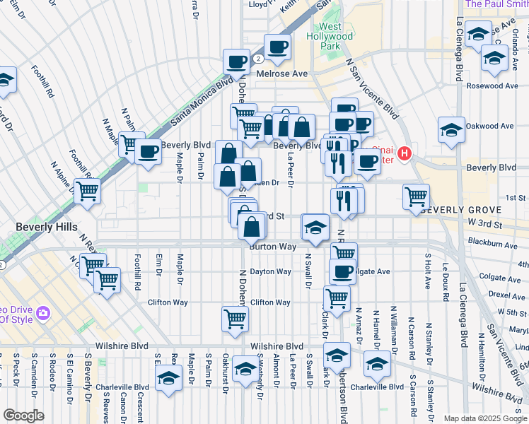 map of restaurants, bars, coffee shops, grocery stores, and more near 147 South Wetherly Drive in Los Angeles