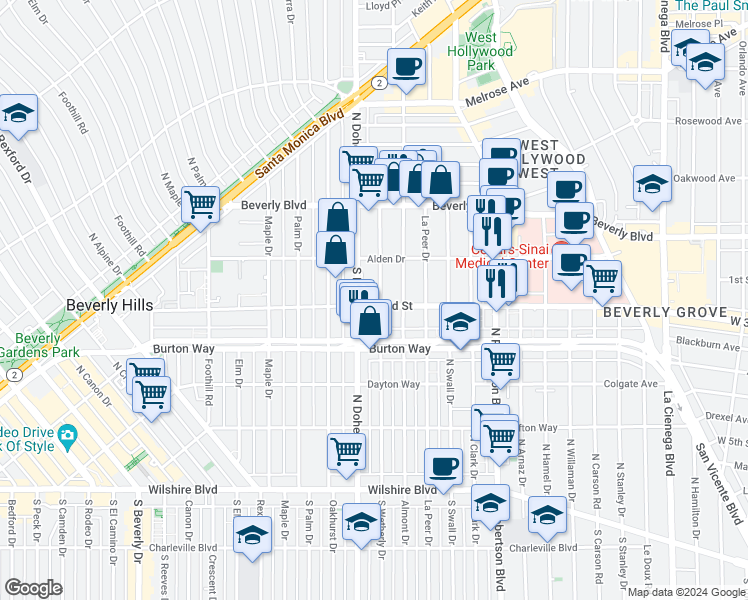 map of restaurants, bars, coffee shops, grocery stores, and more near 147 South Wetherly Drive in Los Angeles