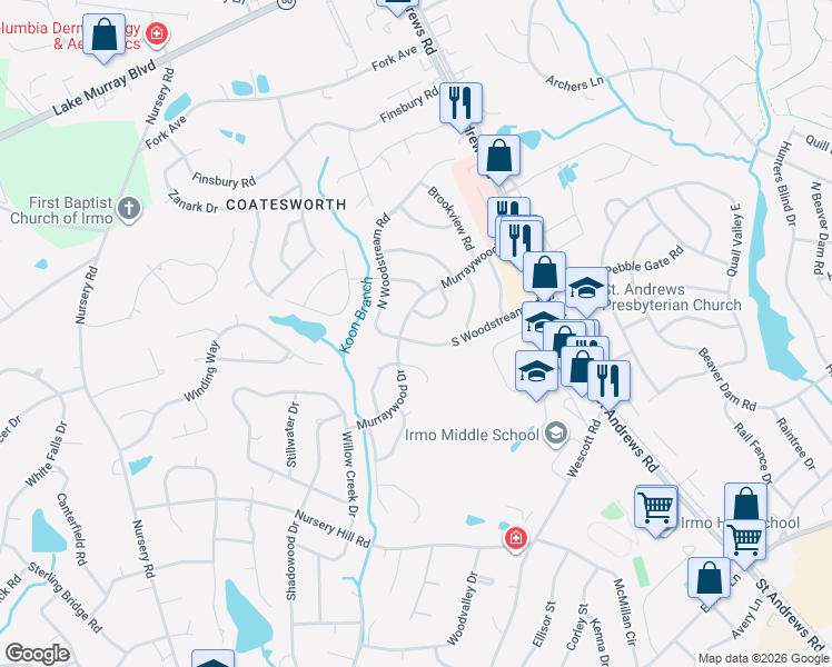 map of restaurants, bars, coffee shops, grocery stores, and more near 1500 North Woodstream Road in Columbia