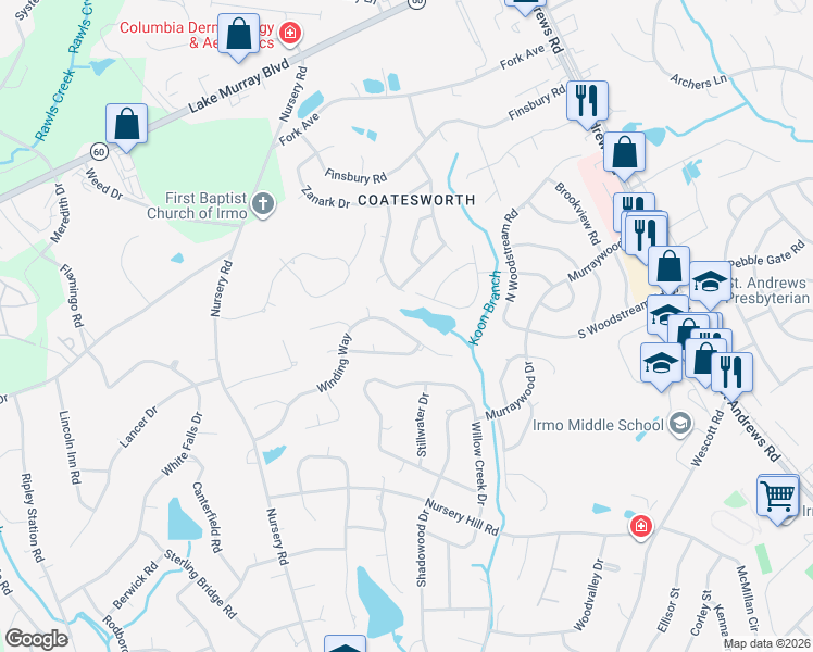 map of restaurants, bars, coffee shops, grocery stores, and more near 433 Winding Way in Columbia