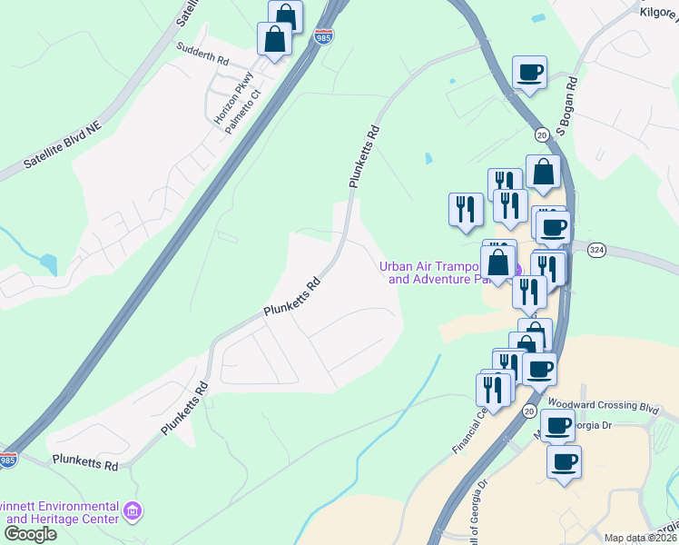 map of restaurants, bars, coffee shops, grocery stores, and more near 1561 Plunketts Road in Buford