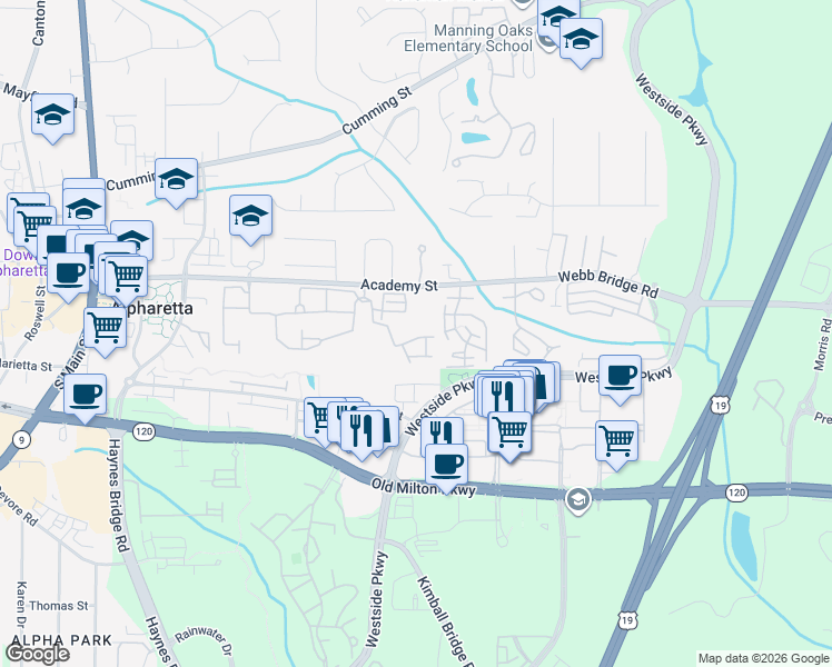 map of restaurants, bars, coffee shops, grocery stores, and more near 11920 Dancliff Trce in Alpharetta