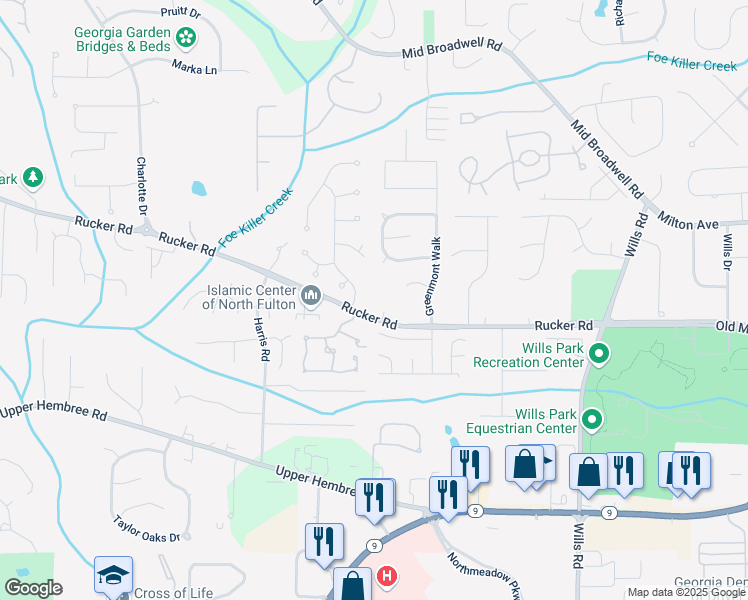 map of restaurants, bars, coffee shops, grocery stores, and more near 1380 Rucker Road in Alpharetta