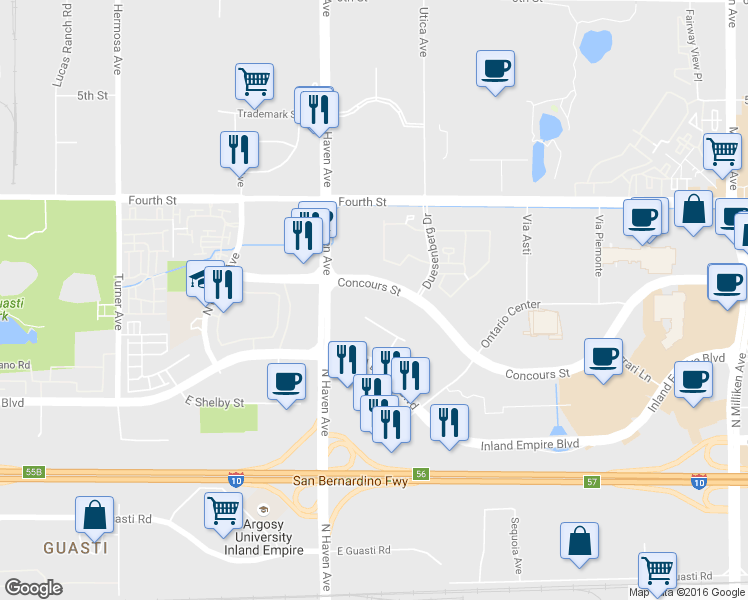 map of restaurants, bars, coffee shops, grocery stores, and more near 3536 Concours Street in Ontario
