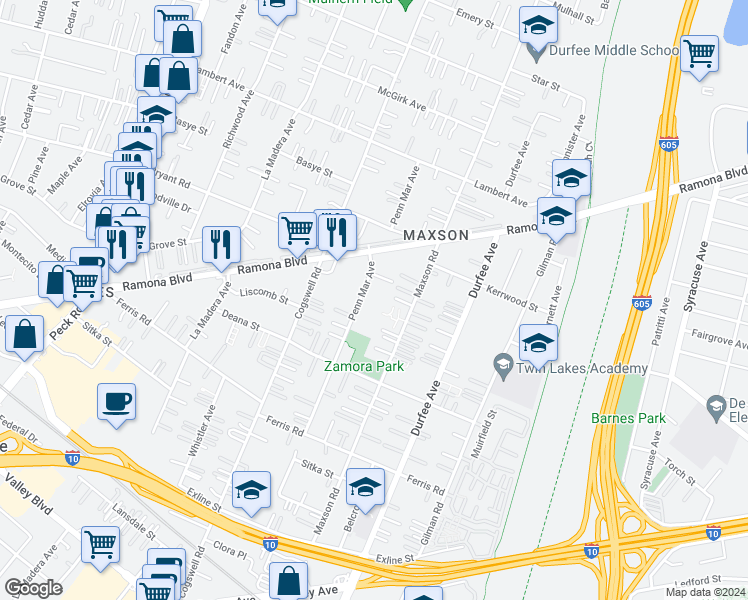 map of restaurants, bars, coffee shops, grocery stores, and more near 3940 Penn Mar Avenue in El Monte