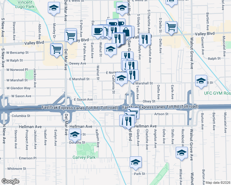 map of restaurants, bars, coffee shops, grocery stores, and more near 1956 California Street in San Gabriel