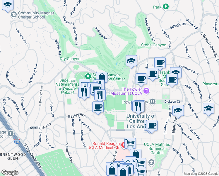 map of restaurants, bars, coffee shops, grocery stores, and more near 10741 Sunset Boulevard in Los Angeles