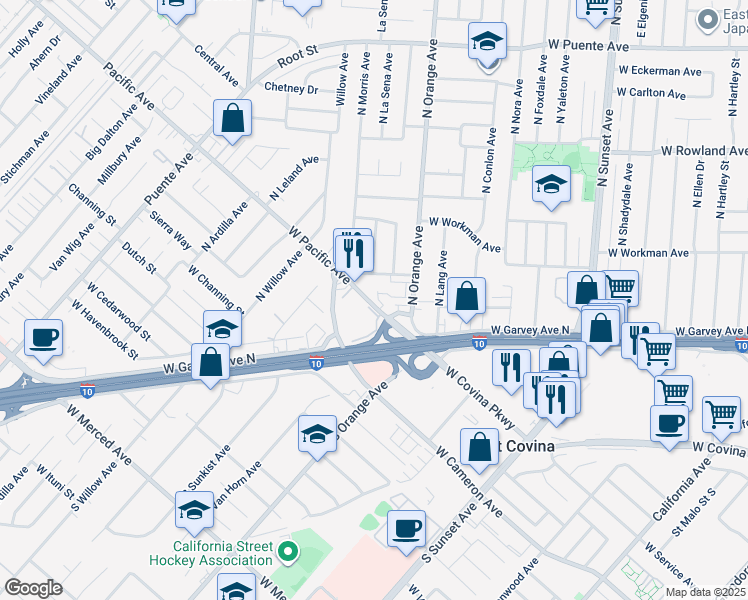 map of restaurants, bars, coffee shops, grocery stores, and more near 129 West Pacific Avenue in West Covina