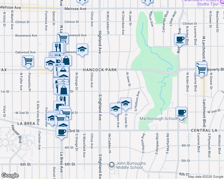 map of restaurants, bars, coffee shops, grocery stores, and more near 2 North McCadden Place in Los Angeles