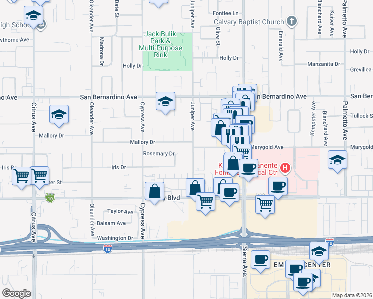 map of restaurants, bars, coffee shops, grocery stores, and more near 9906 Juniper Avenue in Fontana
