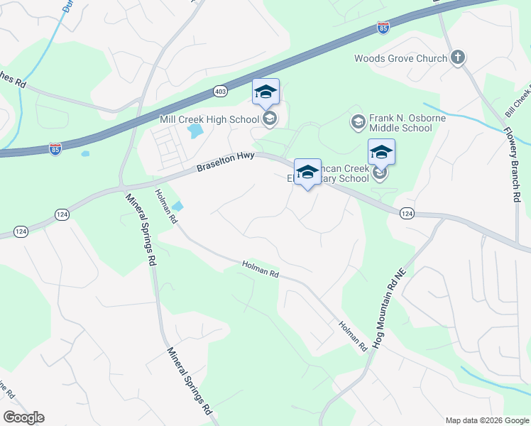 map of restaurants, bars, coffee shops, grocery stores, and more near 4284 Milford Place Northeast in Hoschton