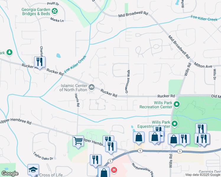 map of restaurants, bars, coffee shops, grocery stores, and more near 1380 Rucker Road in Alpharetta