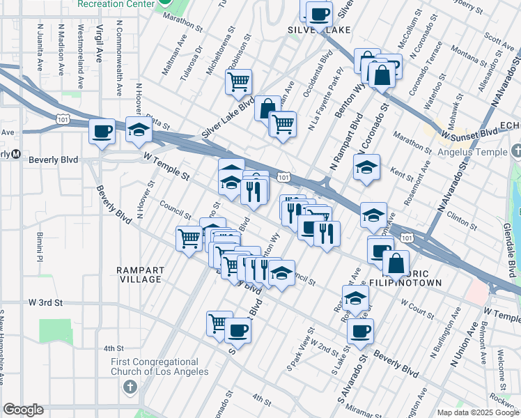 map of restaurants, bars, coffee shops, grocery stores, and more near 319 North La Fayette Park Place in Los Angeles