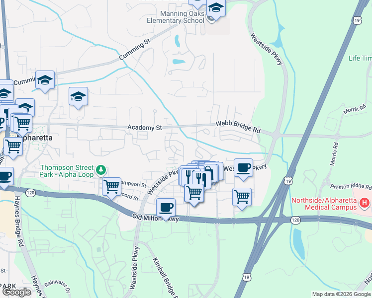 map of restaurants, bars, coffee shops, grocery stores, and more near 2260 Newport Landing in Alpharetta