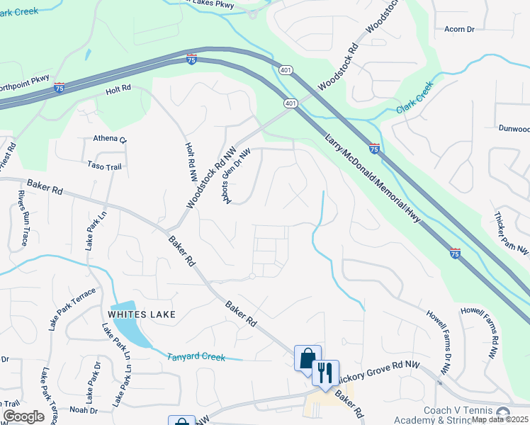 map of restaurants, bars, coffee shops, grocery stores, and more near 4950 Abbotts Glen Trail Northwest in Acworth