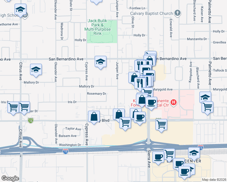 map of restaurants, bars, coffee shops, grocery stores, and more near 9906 Juniper Avenue in Fontana