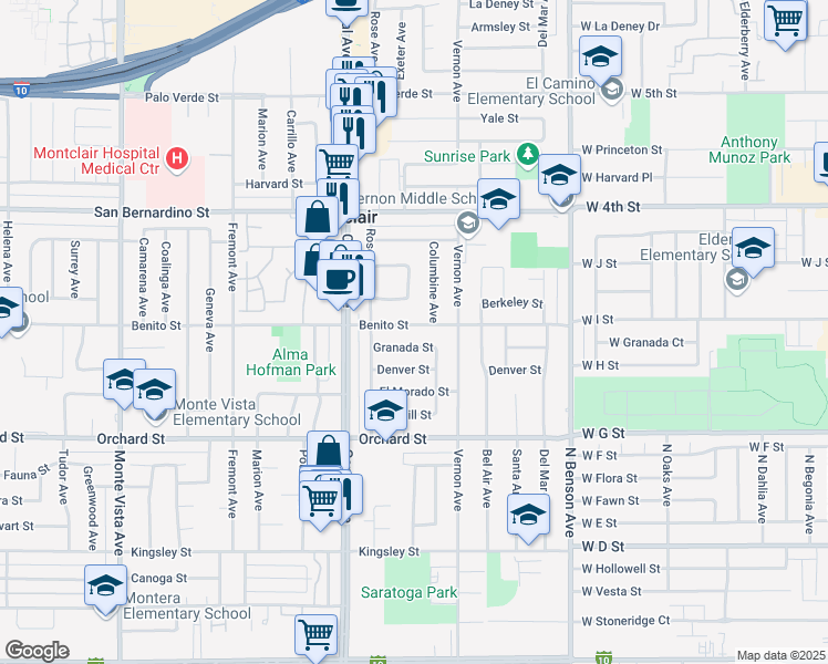 map of restaurants, bars, coffee shops, grocery stores, and more near 5423 Benito Street in Montclair