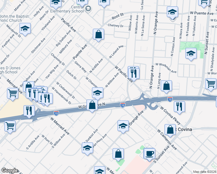 map of restaurants, bars, coffee shops, grocery stores, and more near 200 North Willow Avenue in West Covina