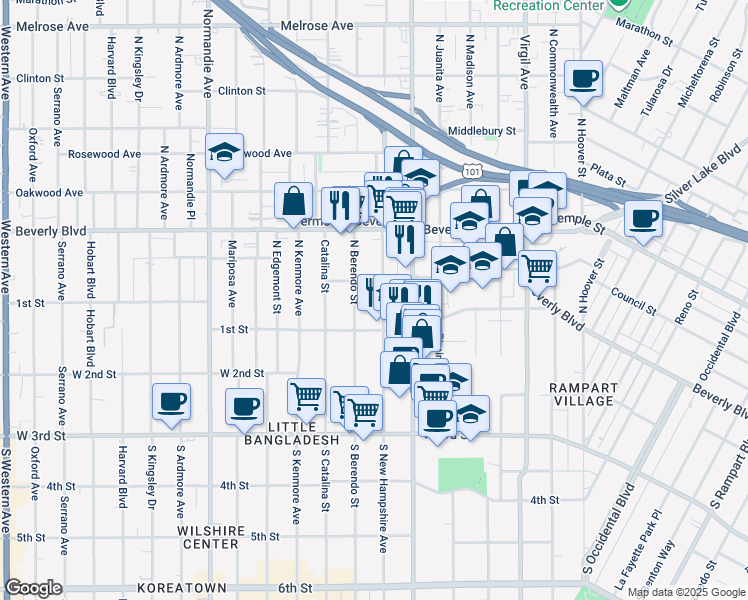 map of restaurants, bars, coffee shops, grocery stores, and more near 143 North New Hampshire Avenue in Los Angeles