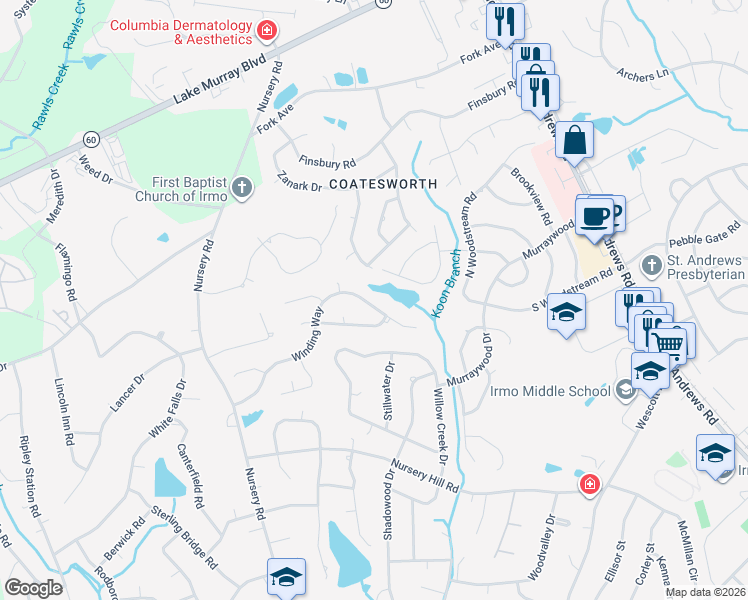 map of restaurants, bars, coffee shops, grocery stores, and more near 433 Winding Way in Columbia