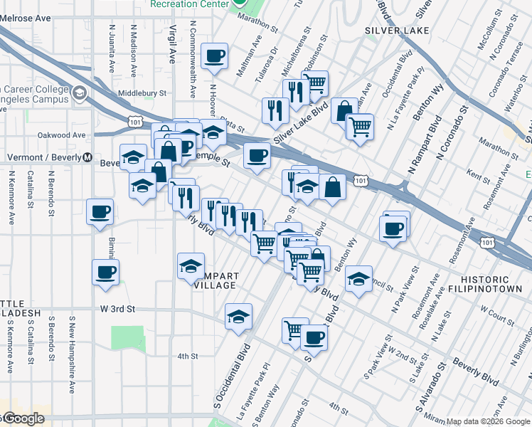 map of restaurants, bars, coffee shops, grocery stores, and more near 211 North Vendome Street in Los Angeles