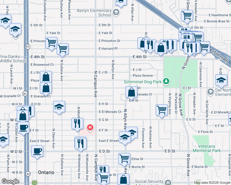 map of restaurants, bars, coffee shops, grocery stores, and more near 848 North Berlyn Avenue in Ontario