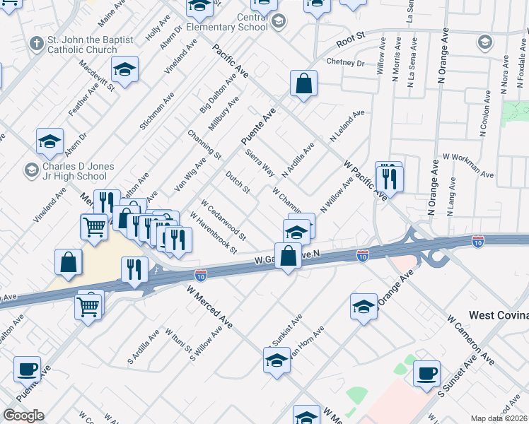 map of restaurants, bars, coffee shops, grocery stores, and more near 2327 West Sherway Street in West Covina