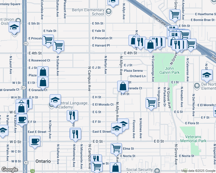 map of restaurants, bars, coffee shops, grocery stores, and more near 848 North Berlyn Avenue in Ontario