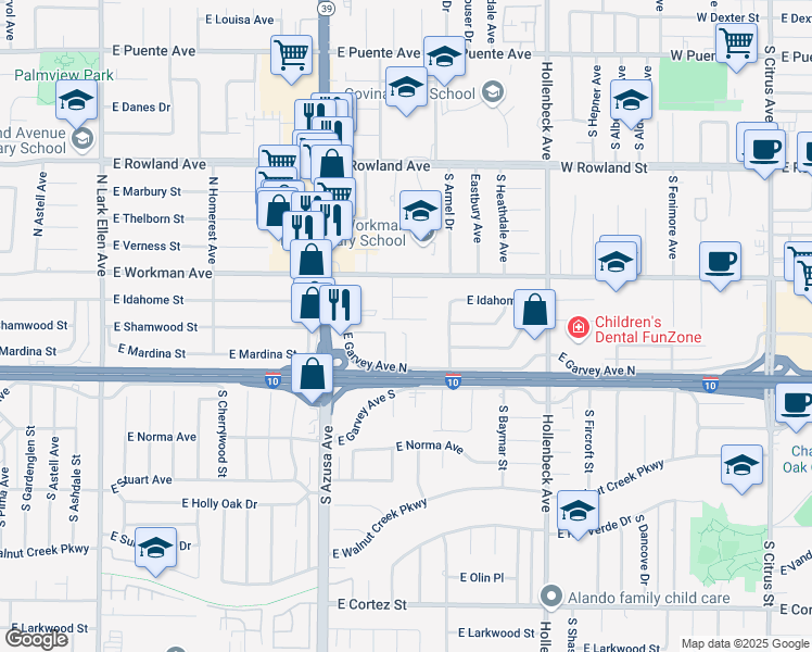 map of restaurants, bars, coffee shops, grocery stores, and more near 1924 East Shamwood Street in West Covina