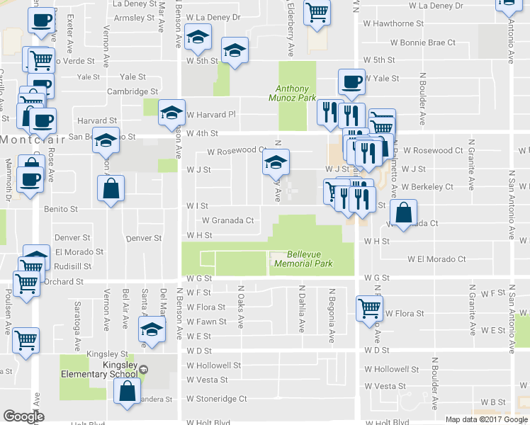 map of restaurants, bars, coffee shops, grocery stores, and more near 1301 West I Street in Ontario
