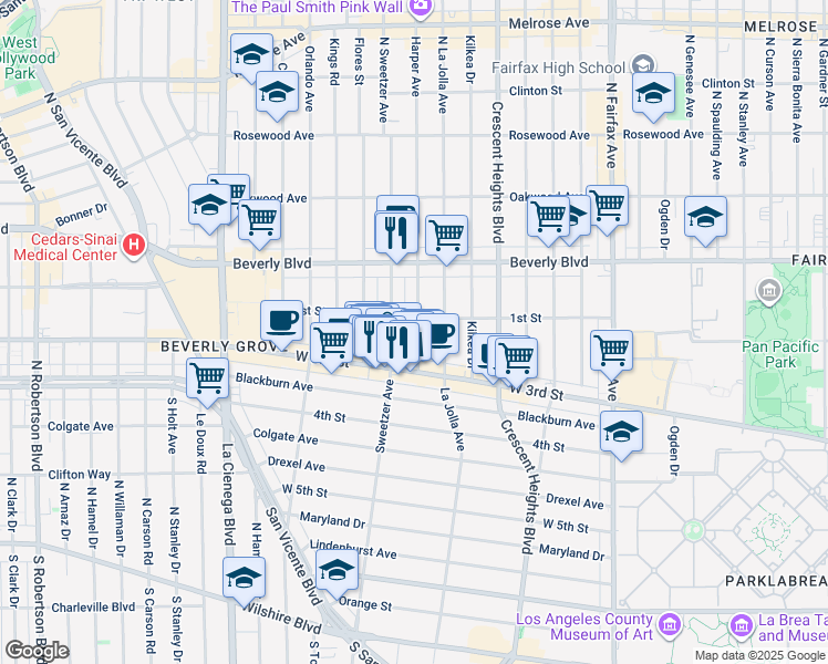 map of restaurants, bars, coffee shops, grocery stores, and more near 111 South Harper Avenue in Los Angeles