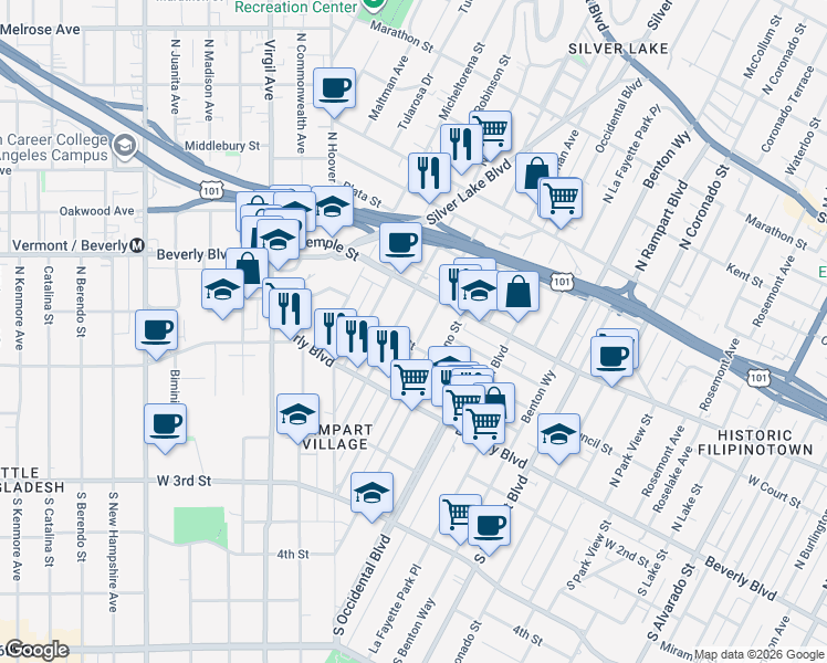 map of restaurants, bars, coffee shops, grocery stores, and more near 211 North Vendome Street in Los Angeles
