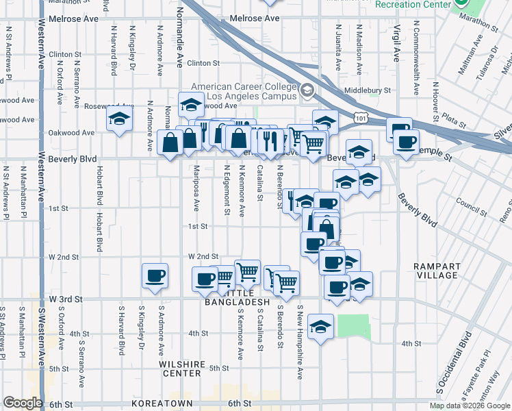 map of restaurants, bars, coffee shops, grocery stores, and more near 135 Catalina Street in Los Angeles