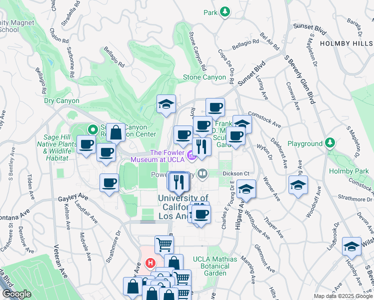 map of restaurants, bars, coffee shops, grocery stores, and more near 110 Westwood Plaza in Los Angeles