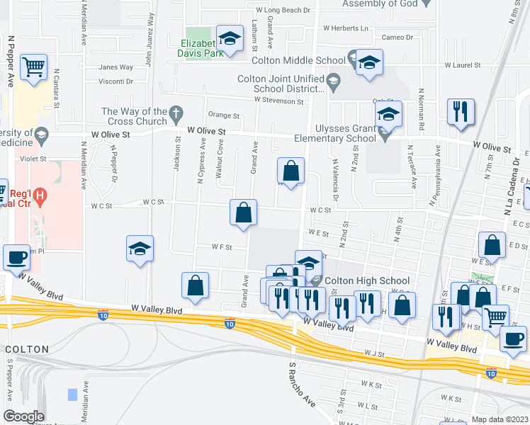 map of restaurants, bars, coffee shops, grocery stores, and more near 860 West C Street in Colton