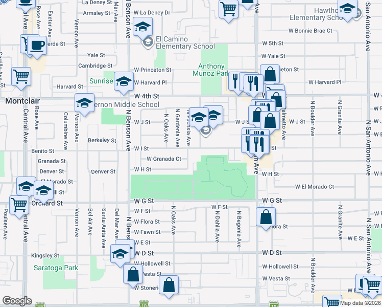 map of restaurants, bars, coffee shops, grocery stores, and more near 1301 West I Street in Ontario