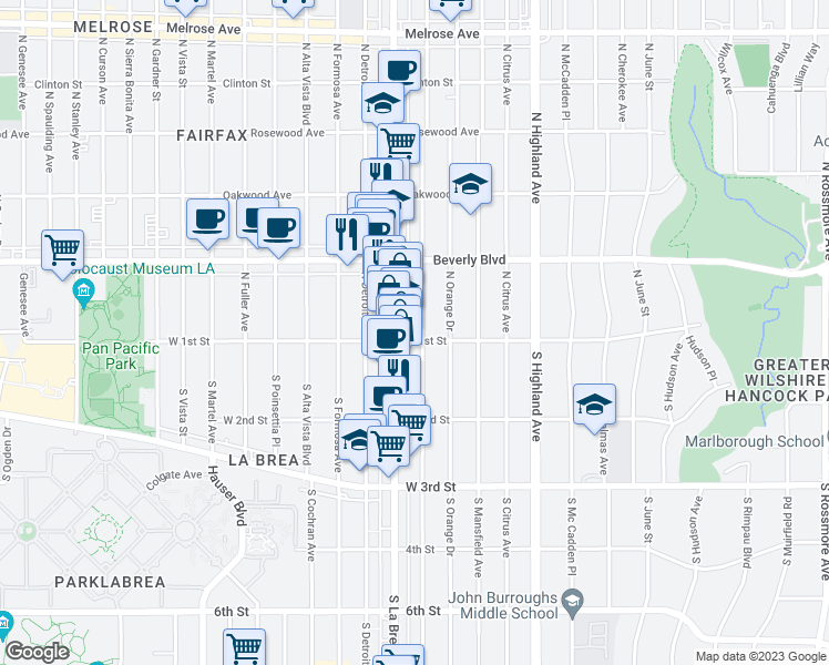 map of restaurants, bars, coffee shops, grocery stores, and more near 114 1/2 North Sycamore Avenue in Los Angeles