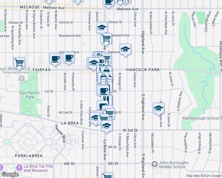map of restaurants, bars, coffee shops, grocery stores, and more near 109 North Sycamore Avenue in Los Angeles
